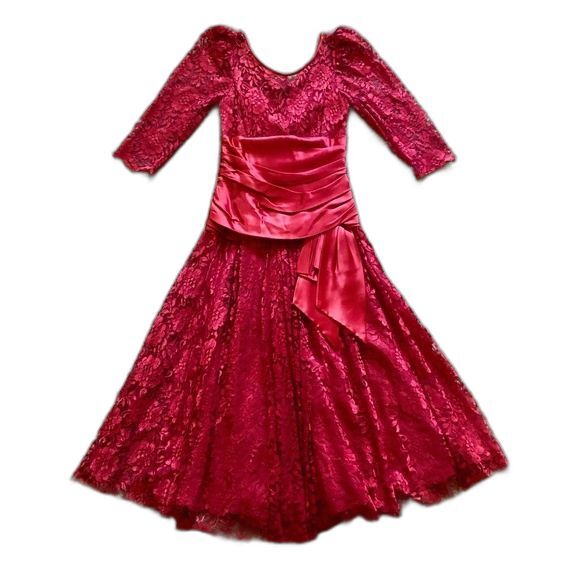 Vintage 80s JCPenny Red Lace Formal Midi Dress 3/4 Sleeve Prom - Picture 1 of 9